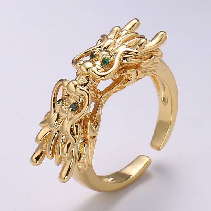 1pc Twin Dragon CZ Pave 24K Gold Ring, Green Eye Dragon Adju for wholesale by Aim Eternal
