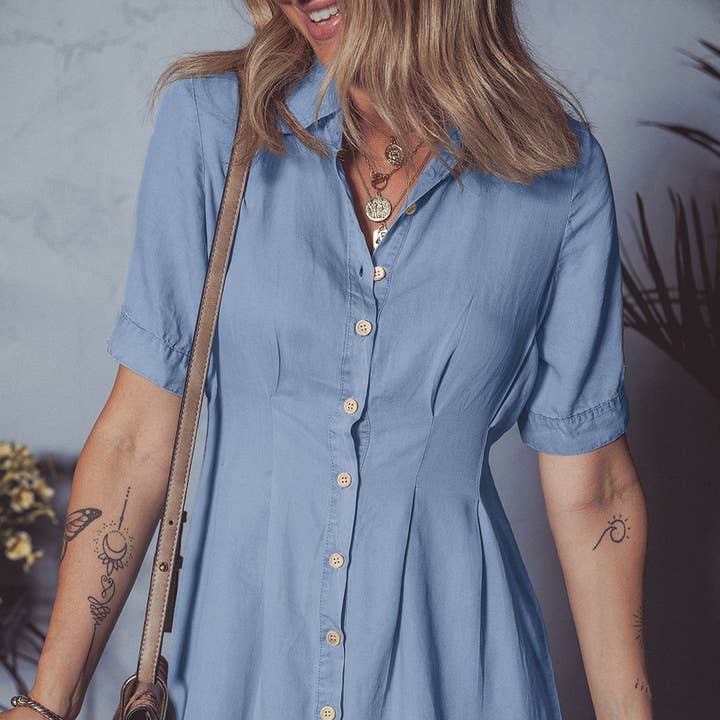Myosotis Denim Pleated Slim Waist Short Sleeve Shirt Dress and other Purchase Wholesale ladies clothes. Free Returns & Net 60 Terms on Faire trending on Faire.