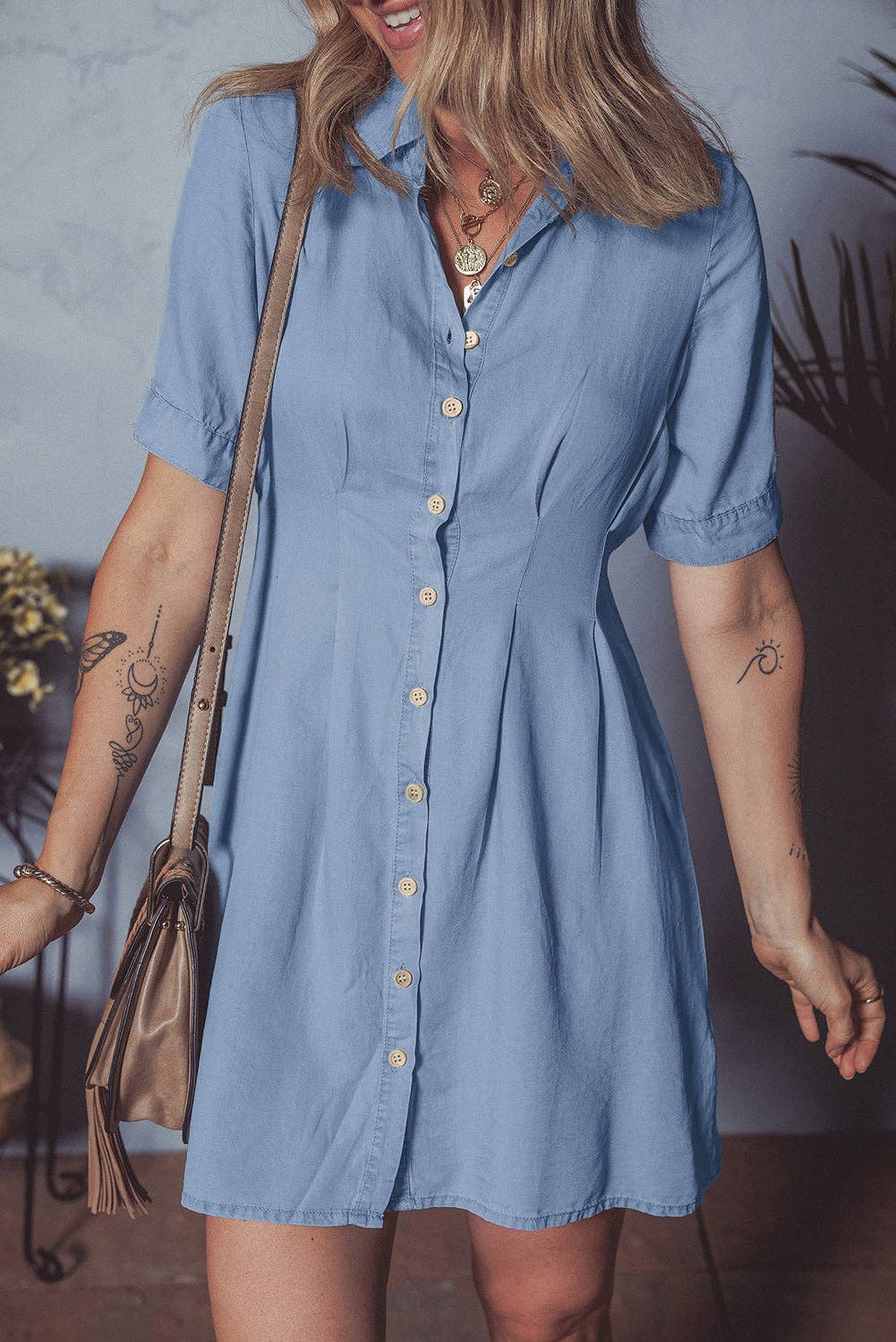 Myosotis Denim Pleated Slim Waist Short Sleeve Shirt Dress for wholesale on Faire