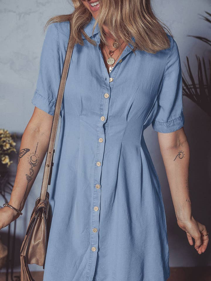 Myosotis Denim Pleated Slim Waist Short Sleeve Shirt Dress for wholesale on Faire0