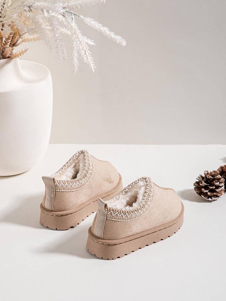 BEIGE SUEDE KIDS EMBROIDERED FLUFFY FAUX FUR PLATFORM SLIPPERS 25/30 for wholesale on Faire2