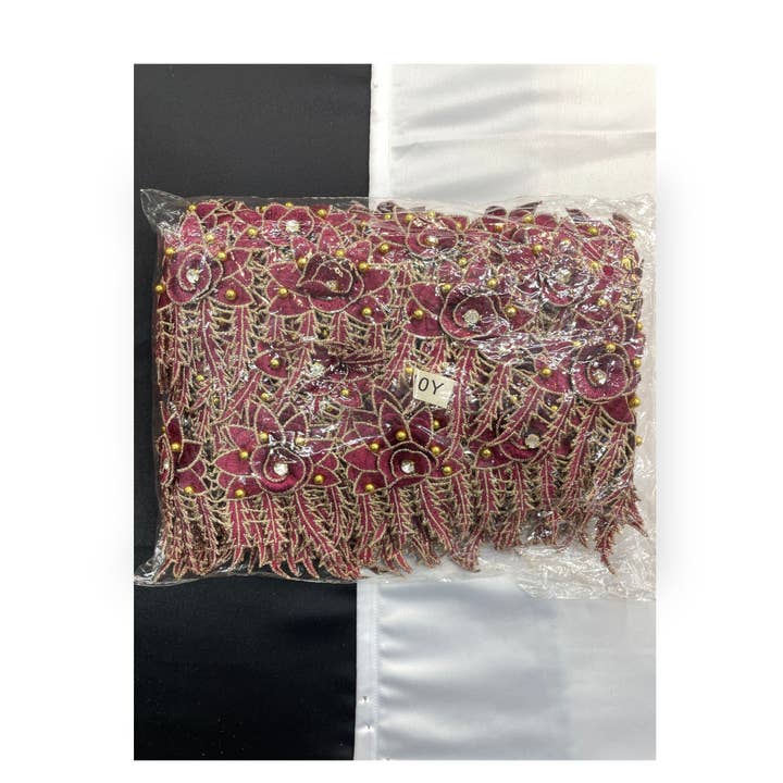 Floral Lace Trimmings Pack - Wine / Gold for wholesale by City Fabrics