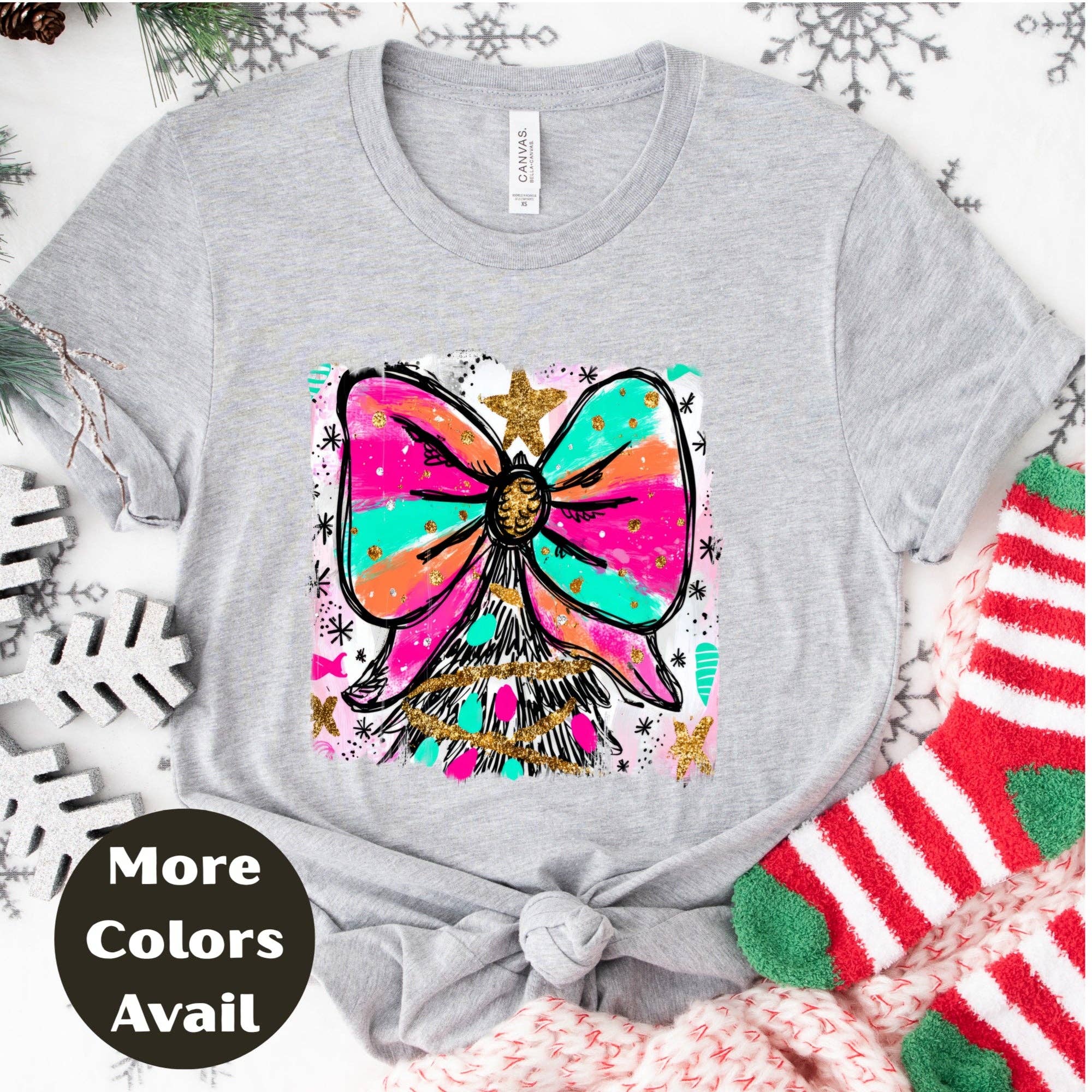 Epic Life  - Designed – wholesale Screen printed t-shirt – Women′s – Bright Bow Christmas Tree Shirt or Sweatshirt – Colorful Neon Holiday Top S-4XL Plus Size – Festive Christmas Tee6