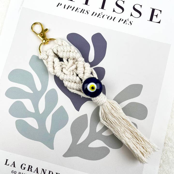 Porte-clés en forme d'œil de diable avec pendentif à pompon en coton tissé à la main, style Boho pour la vente par SoapElenGlen