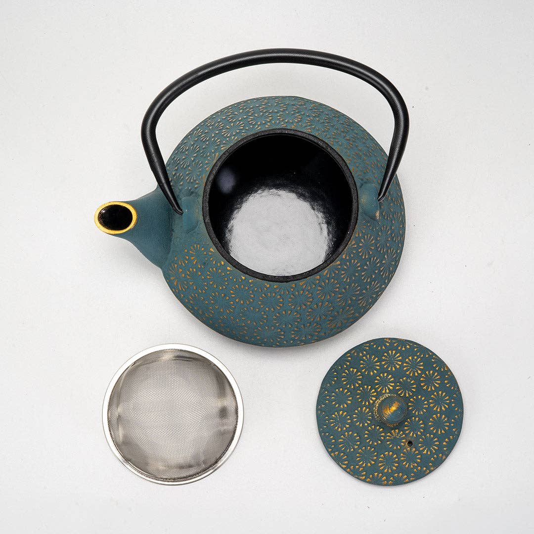 Urban Tokyo - Wholesale Tea Pot - Teal Blue Plum Flower 32oz Cast Iron Tea Pot (1/8)5