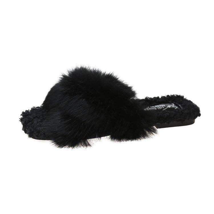 Dipped Shop - Wholesale Slippers - Women's - Simple Open Toe Cross Faux Fur Warm Slippers DP25G4680