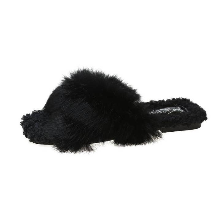 Dipped Shop - Wholesale Slippers - Women's - Simple Open Toe Cross Faux Fur Warm Slippers DP25G468