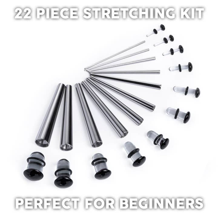 Beginners Ear Stretching Kit for Ears - 22 Piece Pack - Includes Surgical Steel Tapers & Clear - Black Glass Plug / Gauge for wholesale by Custom Plugs