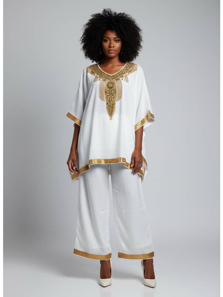 India Batik – Großhandel Kaftan – Damen – Kaftan Palazzo Set Weiß und Gold - kP051