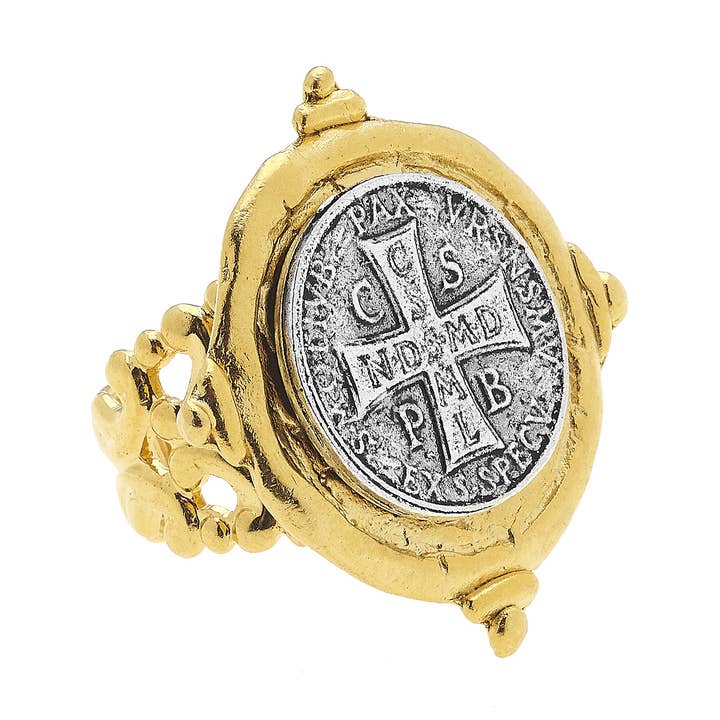 Handcast Gold and Silver St Benedict Cross Ring for wholesale by Susan Shaw