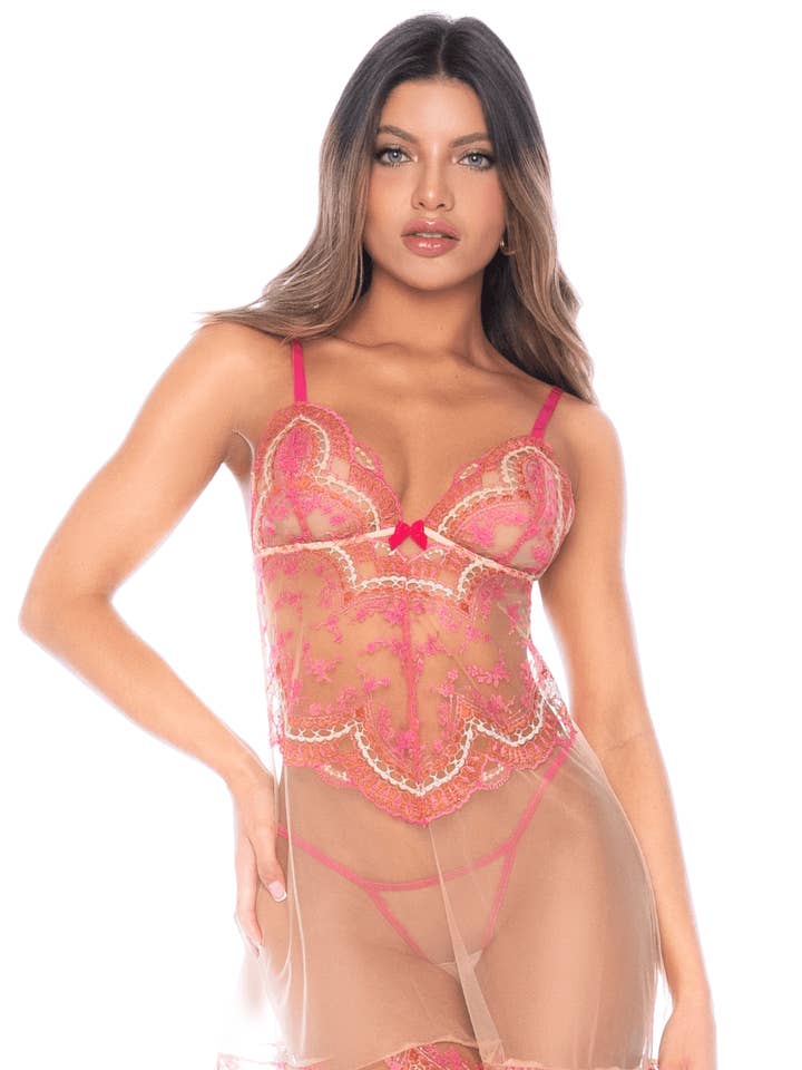 Broderad nätnegligé med stringtrosa -MAL7604ROWP för wholesale av Mapalé
