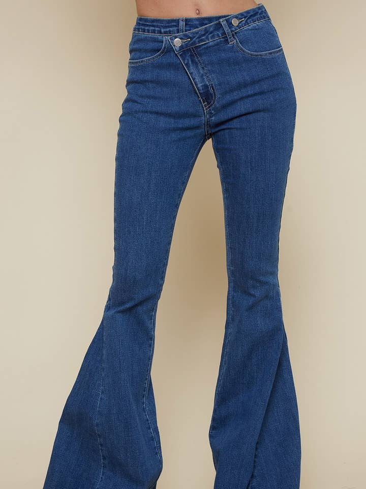 SIP6212A MID TONE DENIM CRISS CROSS UPSIZED BELL BOTTOM JEAN for wholesale by Saints & Hearts