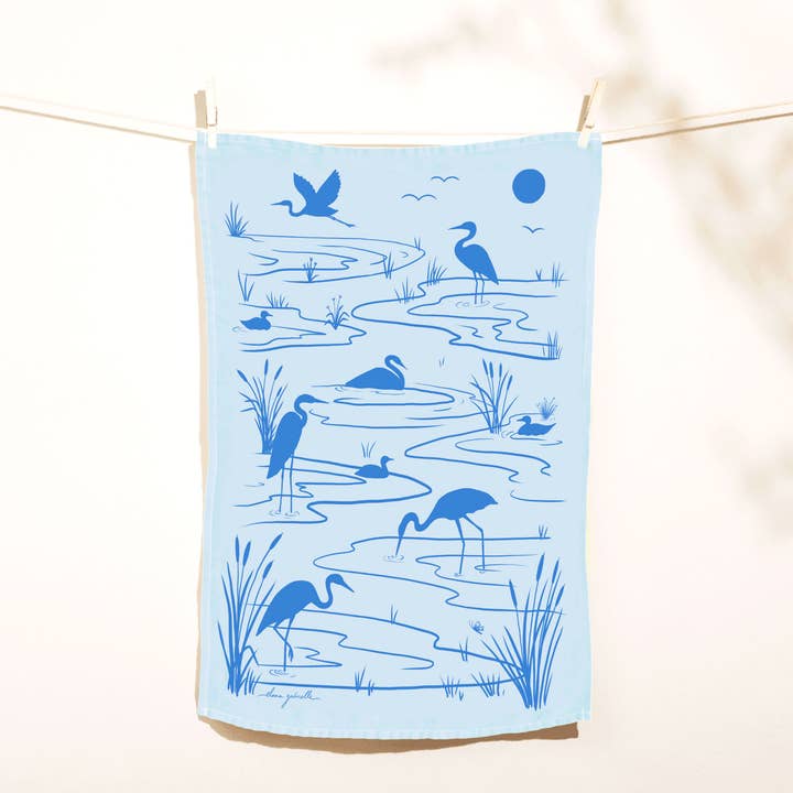 Torchon en lin estuaire - Décor de cuisine océan et oiseaux pour la vente par Elana Gabrielle