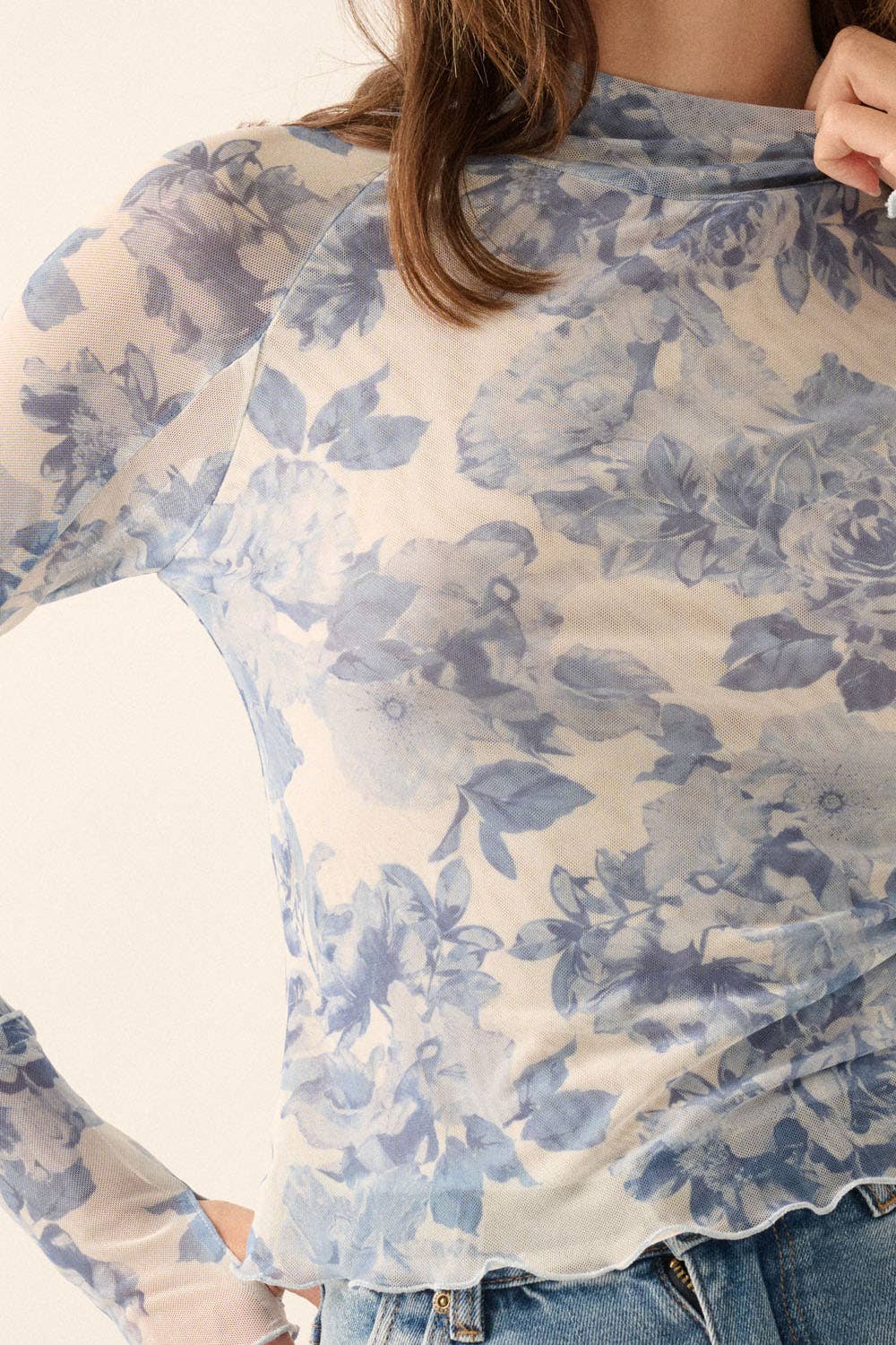 Promesa USA - Wholesale Blouse - Women's - Floral Mesh Mock-Neck Thumbhole Top4