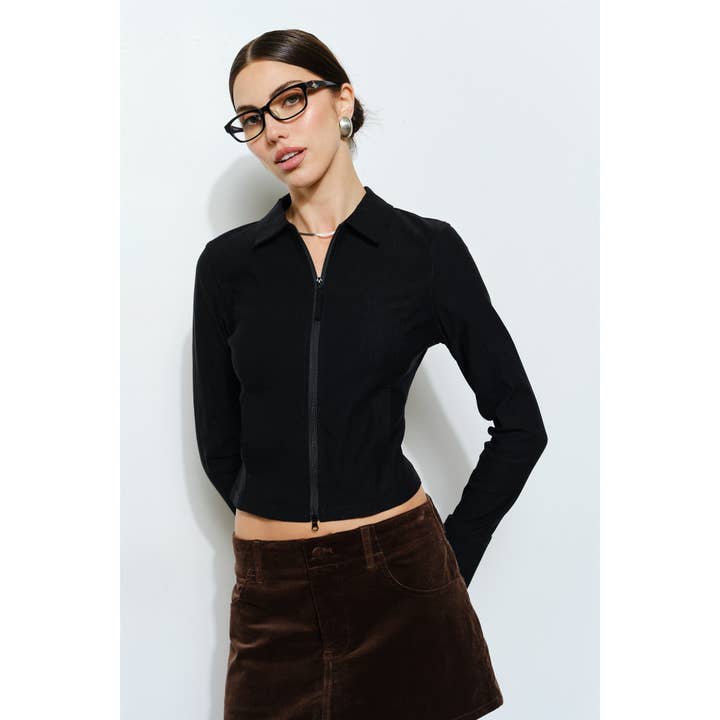 Cassidy 2 Way Zip Up Collared Long Sleeve Top for wholesale by Loucia