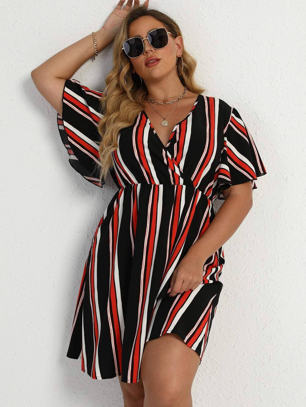 Flarix - Wholesale Dress - Women's - plus striped surplice neck a line dress10