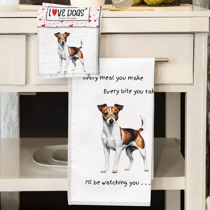 Dog lover novelty Tea Towel, with Dog Breed image and 'Watching you' funny wording, quality cotton (Jack Russell Terrier) for wholesale by Animal Crackers