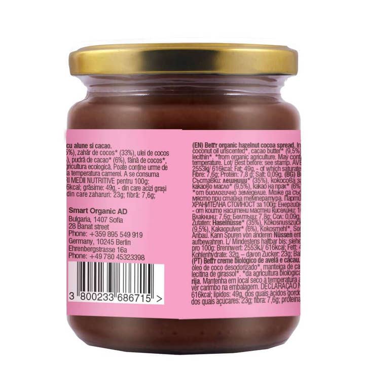 Smart Organic - Wholesale Nut Butter - Hazelnut Cocoa Spread, Bio, Bett'r, 250g1