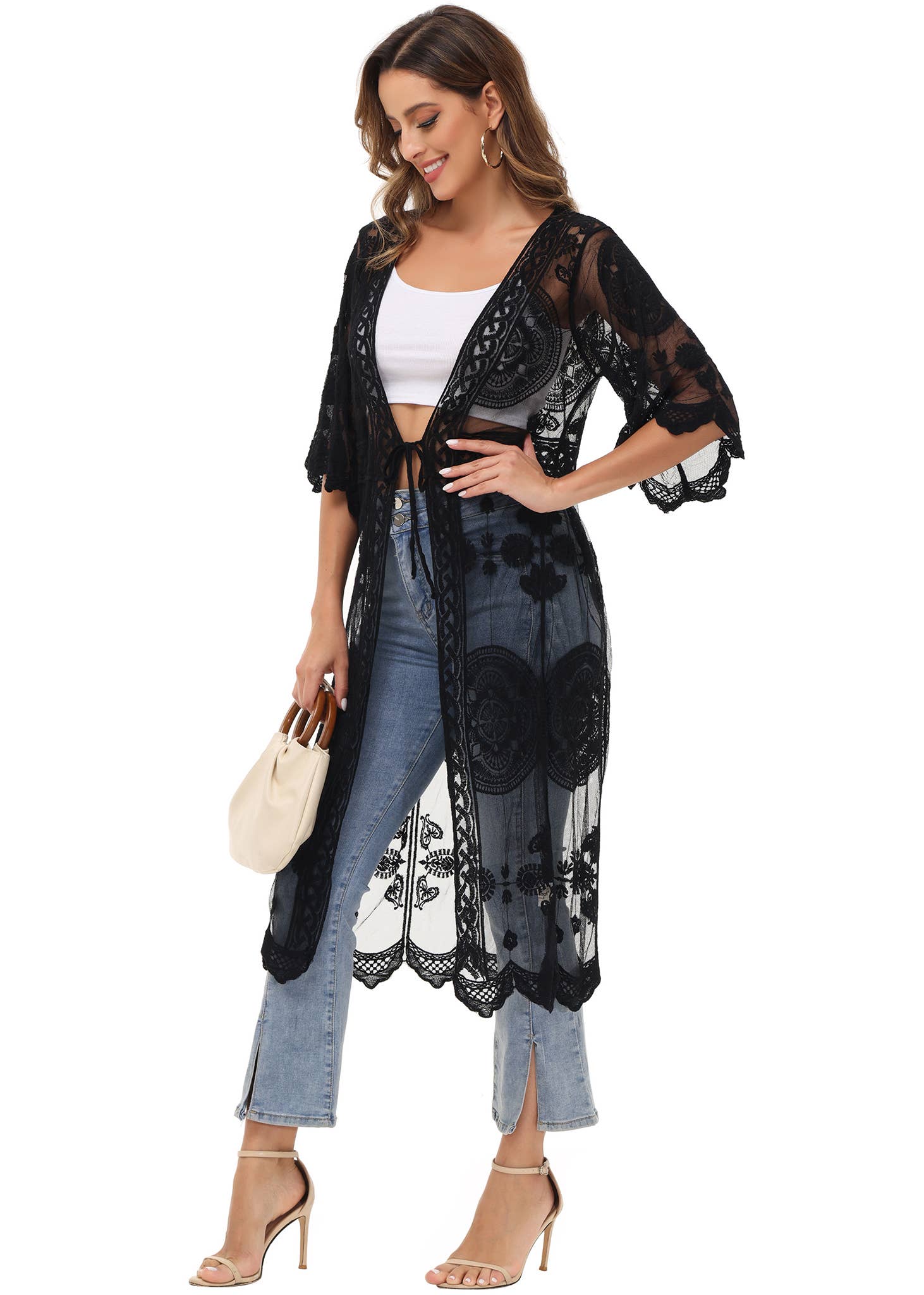 Anna Kaci Wholesale - Wholesale Swim Cover Up - Women's - Half Sleeve Tie Front Embroidered Lace Kimono Cardigan Cover10