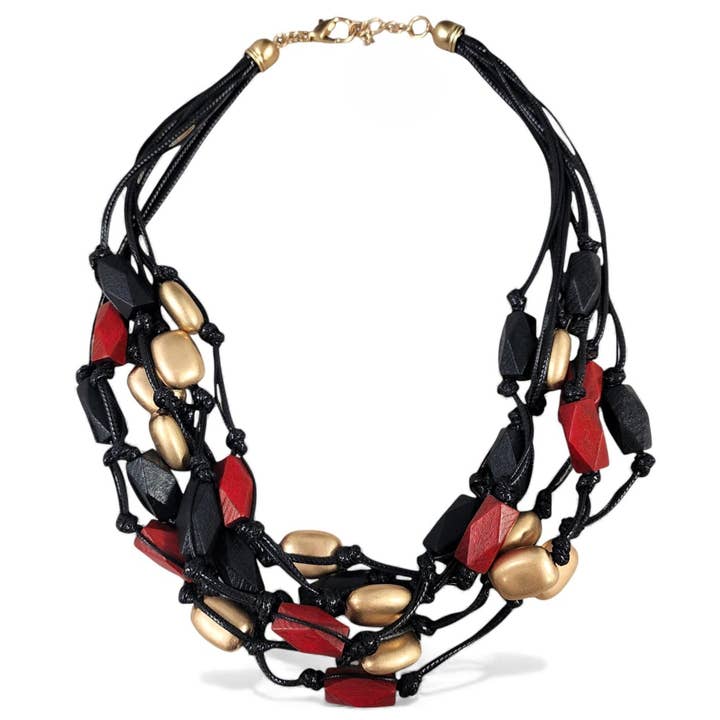 Korte gelaagde ketting met kralen | Zwart leer | Boho-stijl | Hout voor wholesale door Bijoux Envie Statement Jewelry