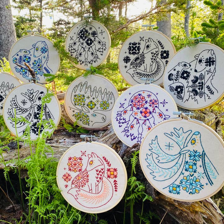Hook, Line & Tinker Embroidery Kits - Wholesale Embroidery/Cross Stitch Supplies - Folk Caribou Complete Embroidery Kit - Colour