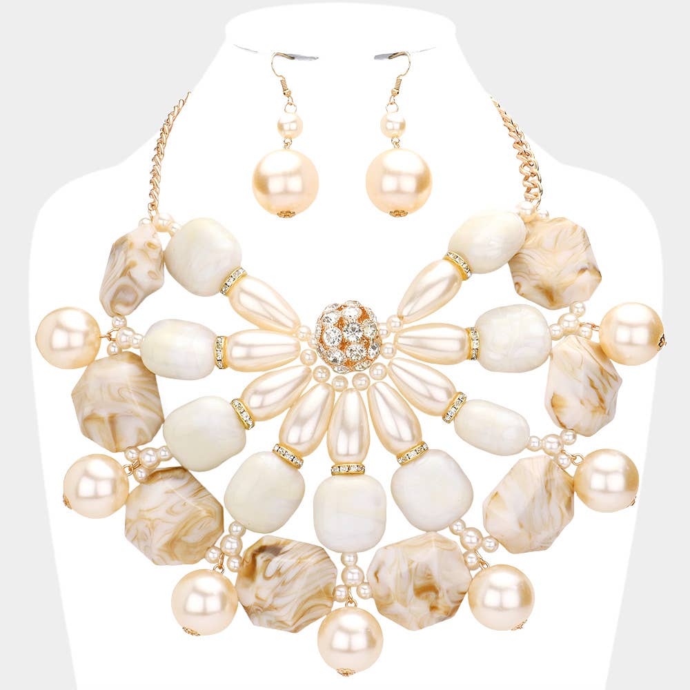 Sensibling Corp. - Wholesale Bib Necklace - Pearl Marbled Stone Cluster Statement Necklace0