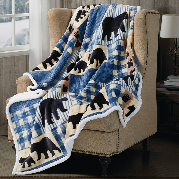 Duke Imports - Vendita all'ingrosso Plaid - Coperta in Flanella Sherpa "Black Bear Plaid Blue" 50"x60"1