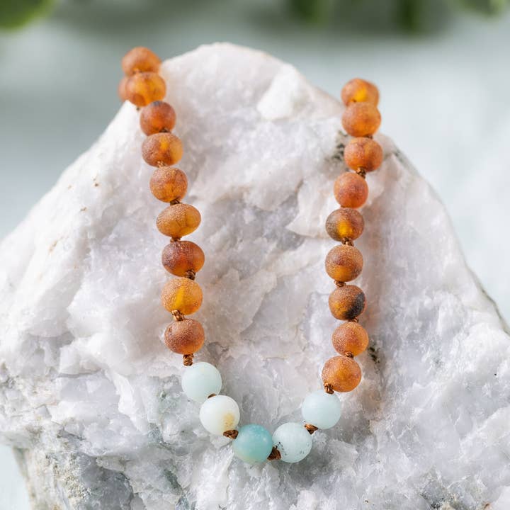 Amazonite + Raw Baltic Amber Beaded Necklace for wholesale by R.B. Amber Jewelry