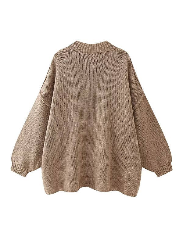 VividLux - Wholesale Cardigan - Women's - Loose Puff Sleeves Buttoned Split-Joint Round-Neck Cardigan Tops4
