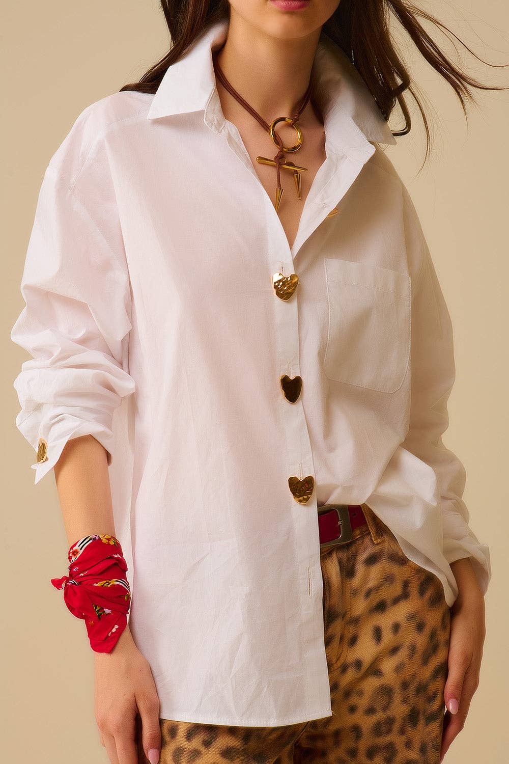 White Oversized Blouse with Gold Heart Buttons for wholesale on Faire1