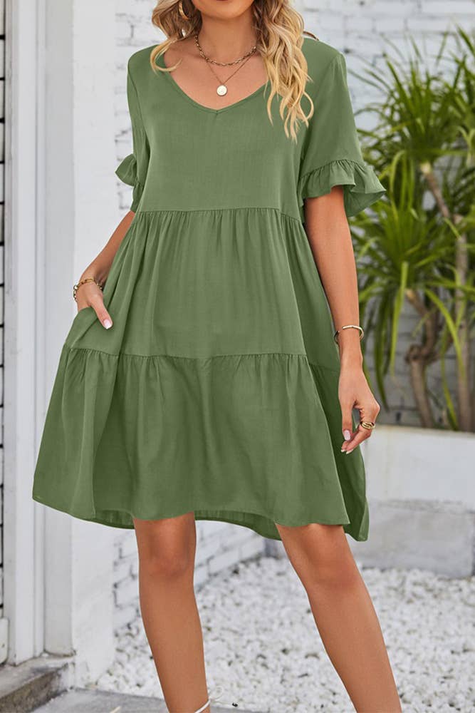 UNISHE - Vendita all'ingrosso Vestito - Donna - Abito A Balze Con Volant Con Scollo A V Semplice E Tasche MD03812