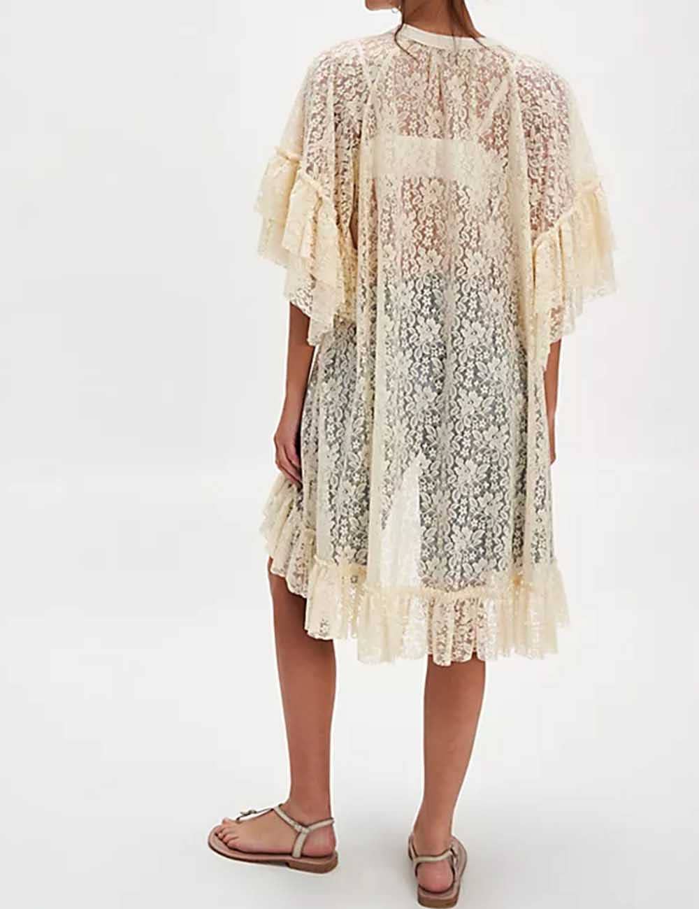 Sweetkama - Vente Chemisier – femme - Blouse à manches mi-longues irrégulières en dentelle florale transparente pour femmes6