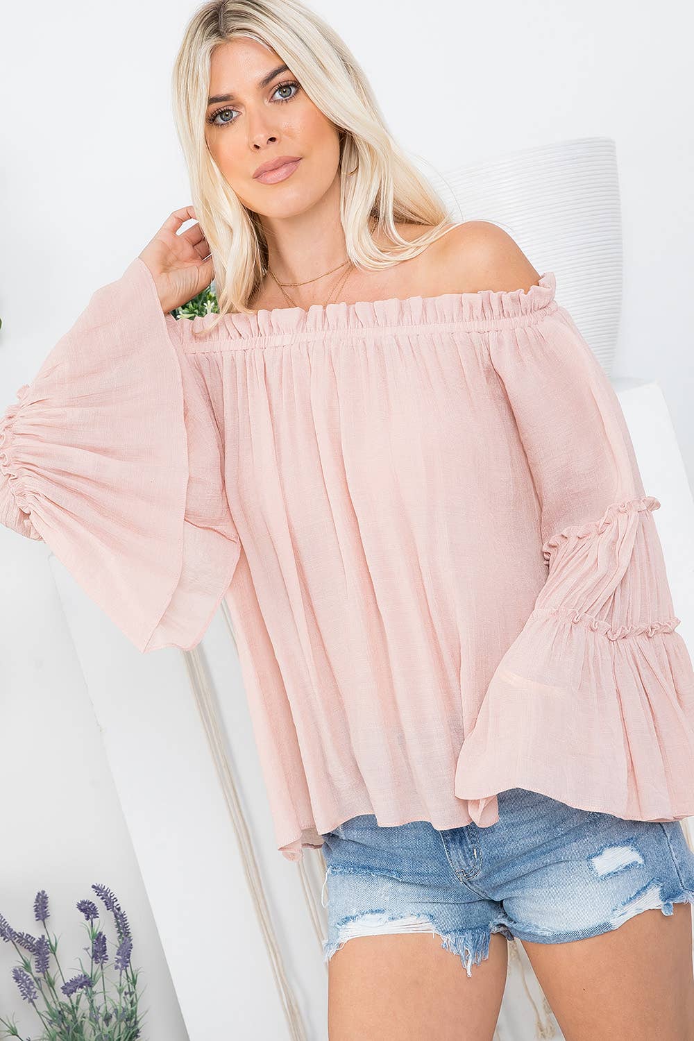 Sweet Lovely by Jen - Wholesale Blouse – Women’s - OFF SHOULDER TIERED BELL SLEEVE TOP55