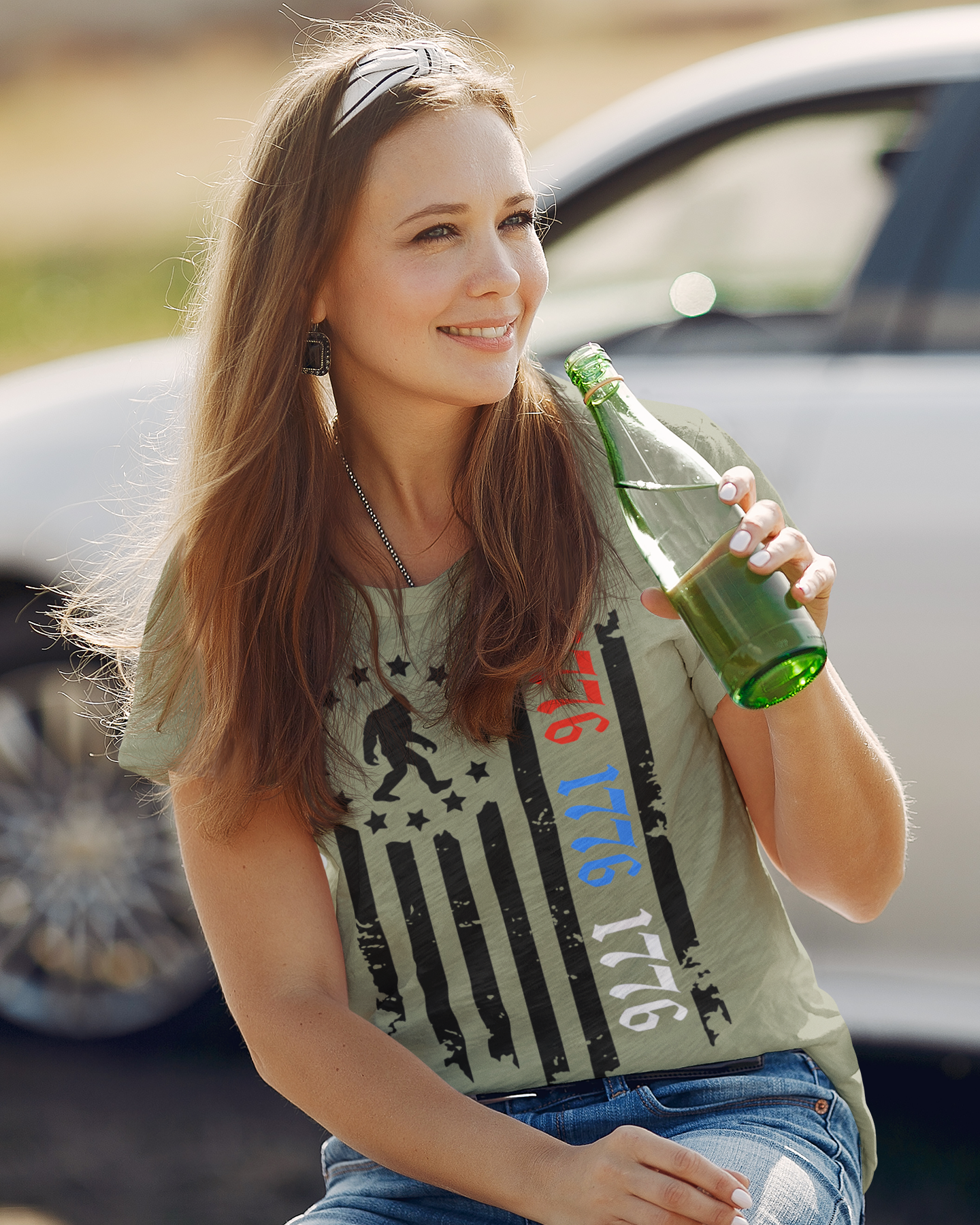 Squatchin’ Country - Wholesale T-Shirt (Graphic) - Unisex - Patriotic 1776 Bigfoot flag shirt - heather military green1