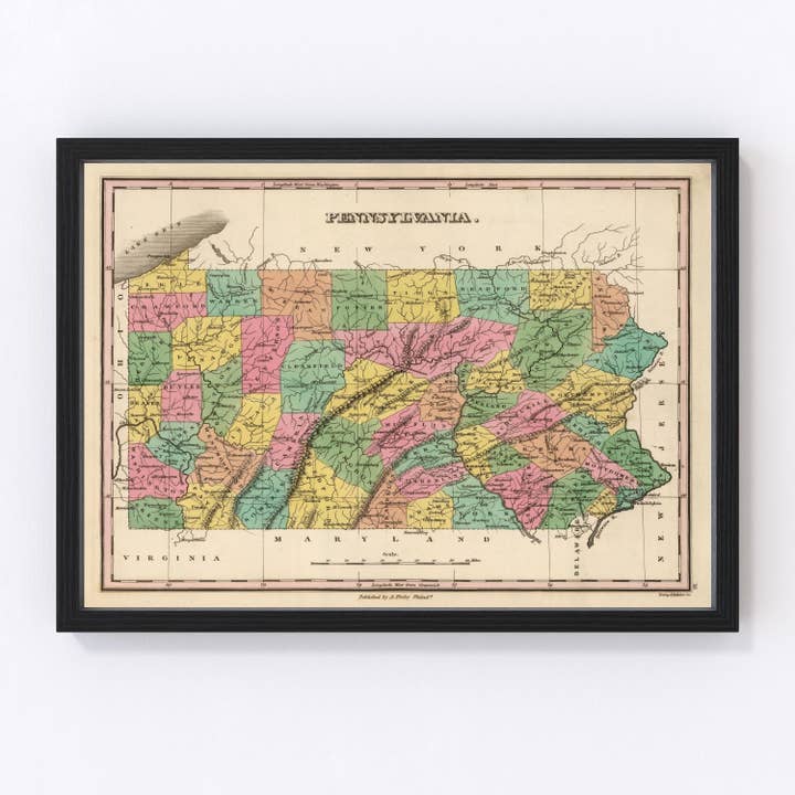 Vintage Map of Pennsylvania 1824 for wholesale by Ted's Vintage Art