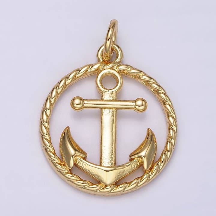 14K Gold Filled Nautical Ocean Sea Anchor Open Braided Round Charm | AC909 for wholesale by Aim Eternal