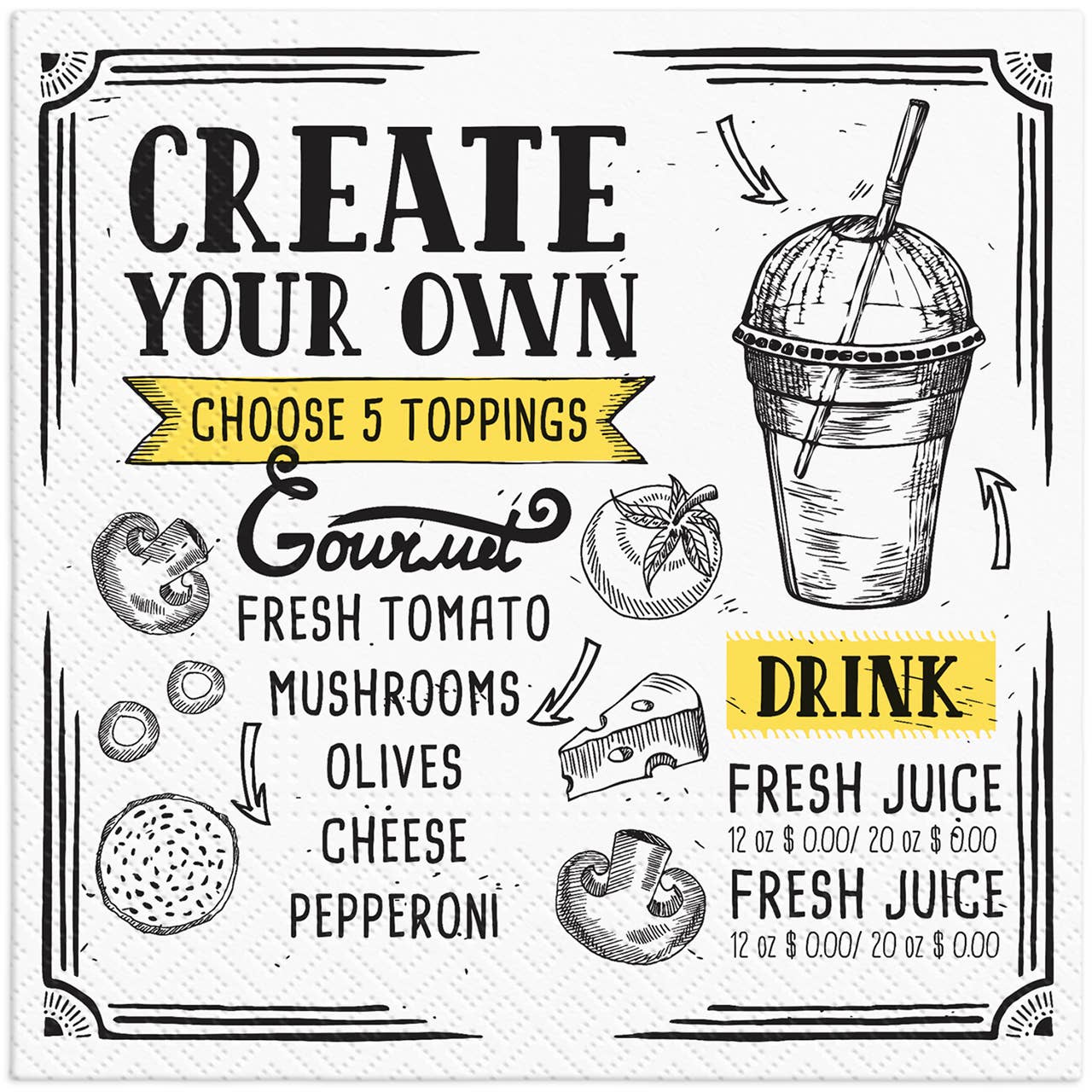 Wurm – Großhandel Papier- & Stoffserviette – Serviette Pizza Time 3-lagig, 20er Pack aus Papier/Pappe, Gelb (B/H) 33x33cm1