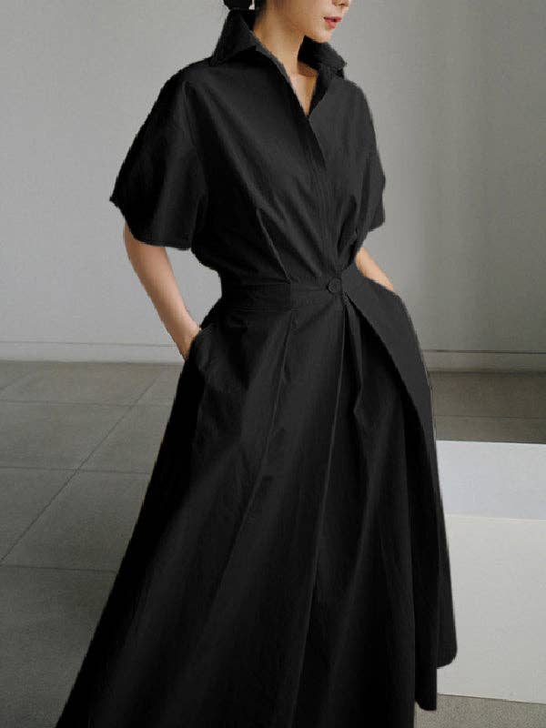 VividLux - Wholesale Dress - Women's - High Waisted Loose Pleated Solid Color V-Neck Midi Dresses4