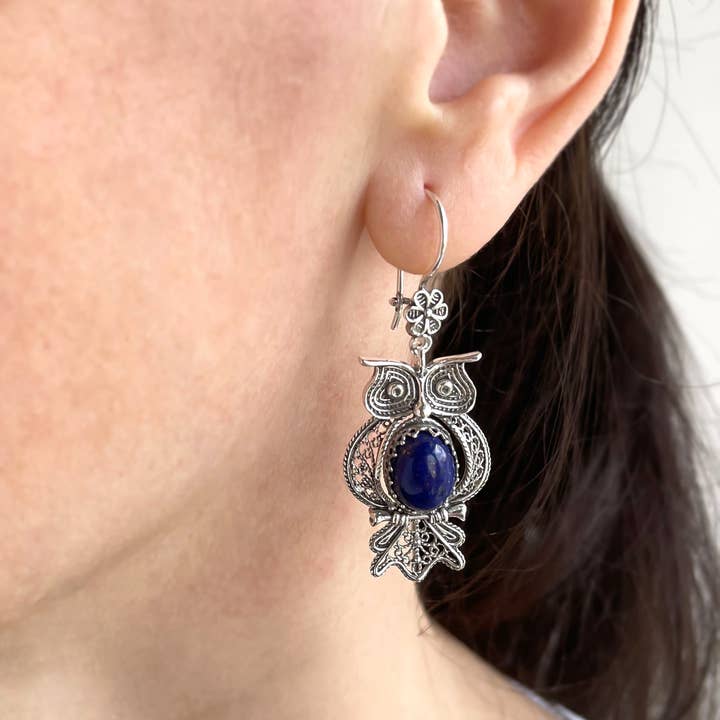 Filigranist Jewelry - Wholesale Dangle Earrings - Filigree Art Owl Design Lapis Lazuli Gemstone Women Dangle Drop Silver Earrings2