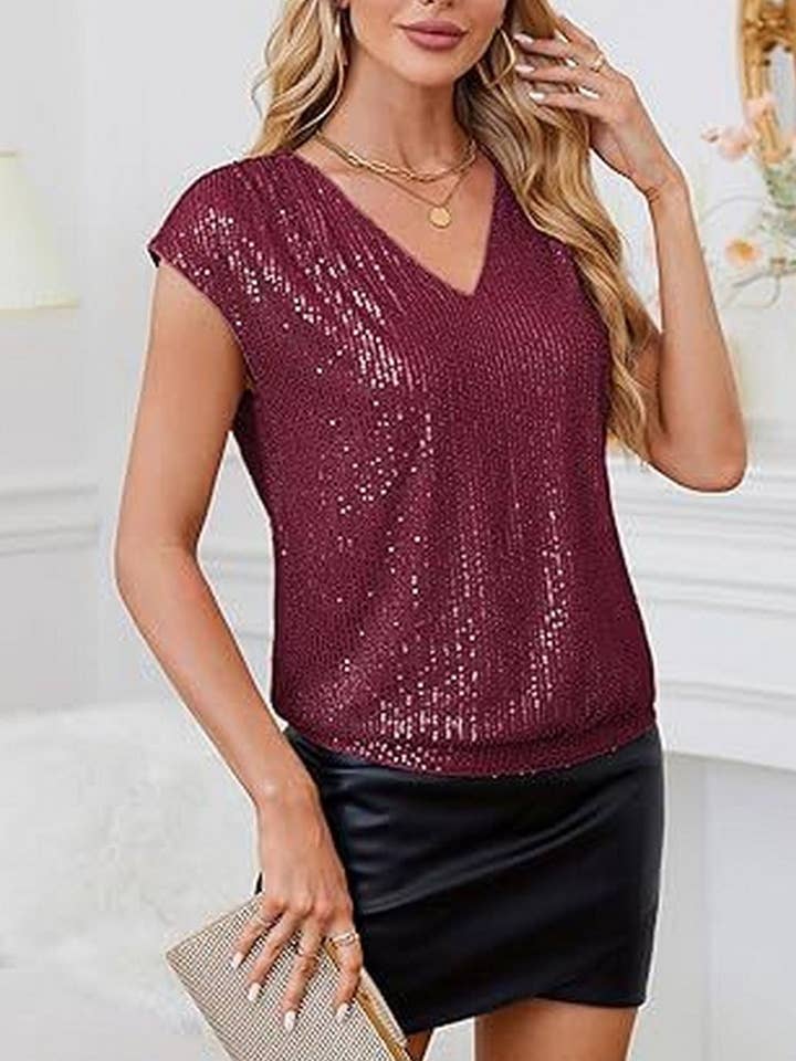 CWTTS1387_RAGLAN SLEEVE SEQUINED SLIM V-NECK SOLID COLOR TOP for wholesale by NINEXIS
