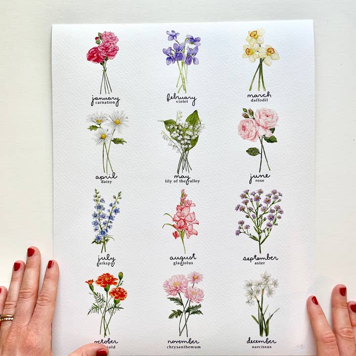 Ellen Schaefer Art - Vente Affiche d'art - Une année en fleurs, thème de naissance, tableau floral, impression artistique