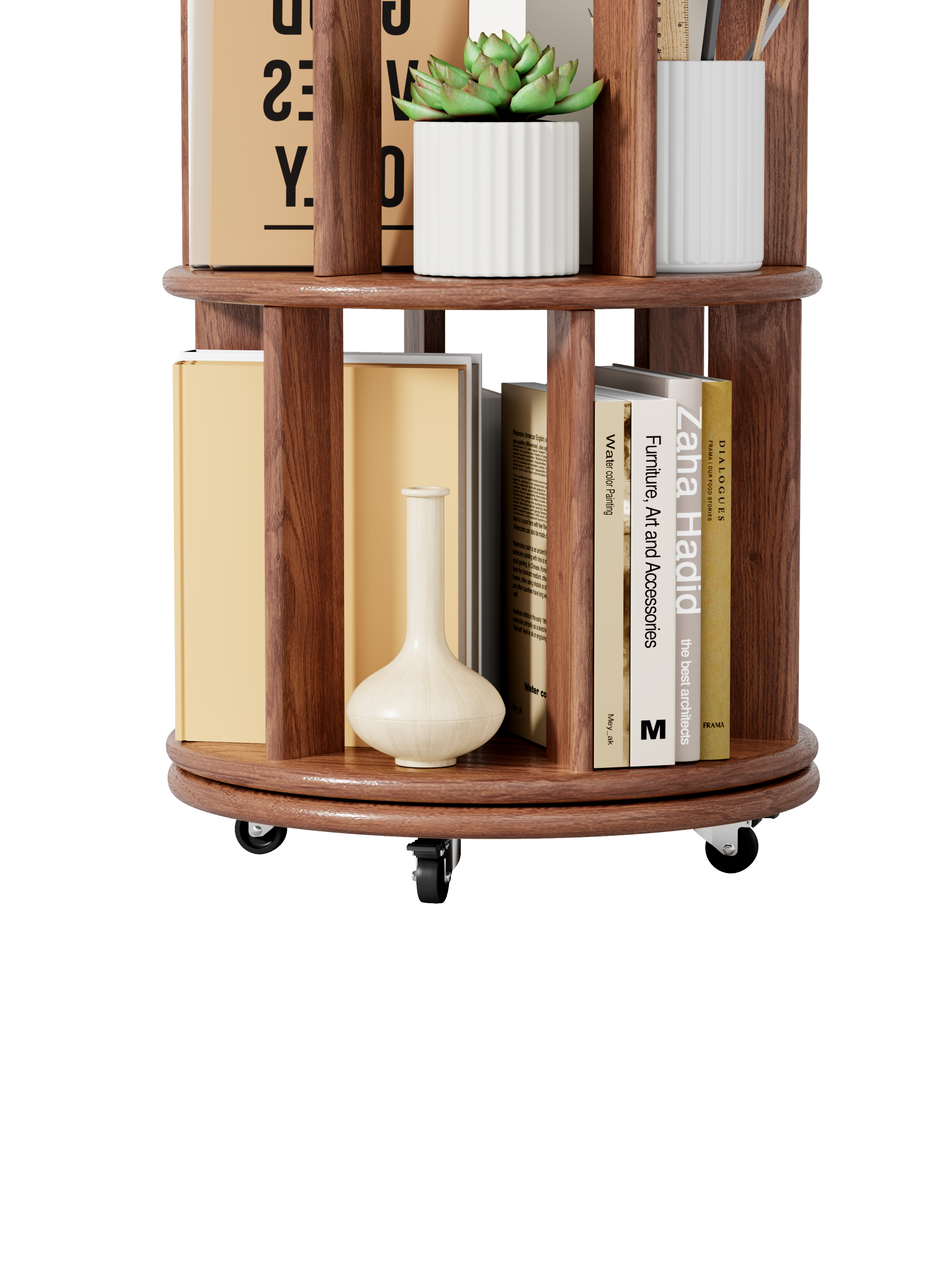 39F Inc. - Wholesale Bookcase - Walnut 4-Tier 100% Solid Wood Rotating Bookshelf with Wheel18
