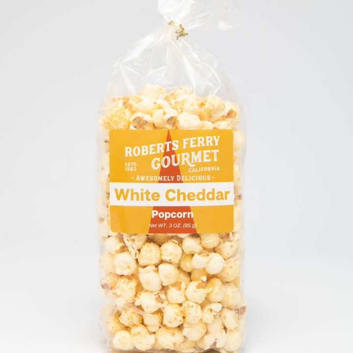 White Cheesy Cheddar Popcorn for wholesale by Roberts Ferry Gourmet