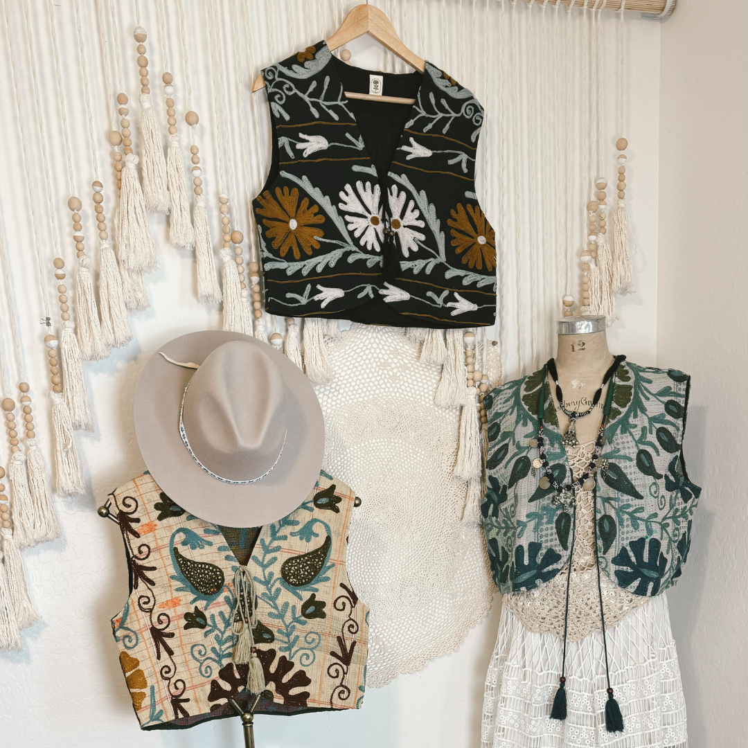 Wylder Trading Company - Wholesale Outerwear Vest - Women's - Boho Western Fringe Cowgirl Hippie Vest Leather Kantha9