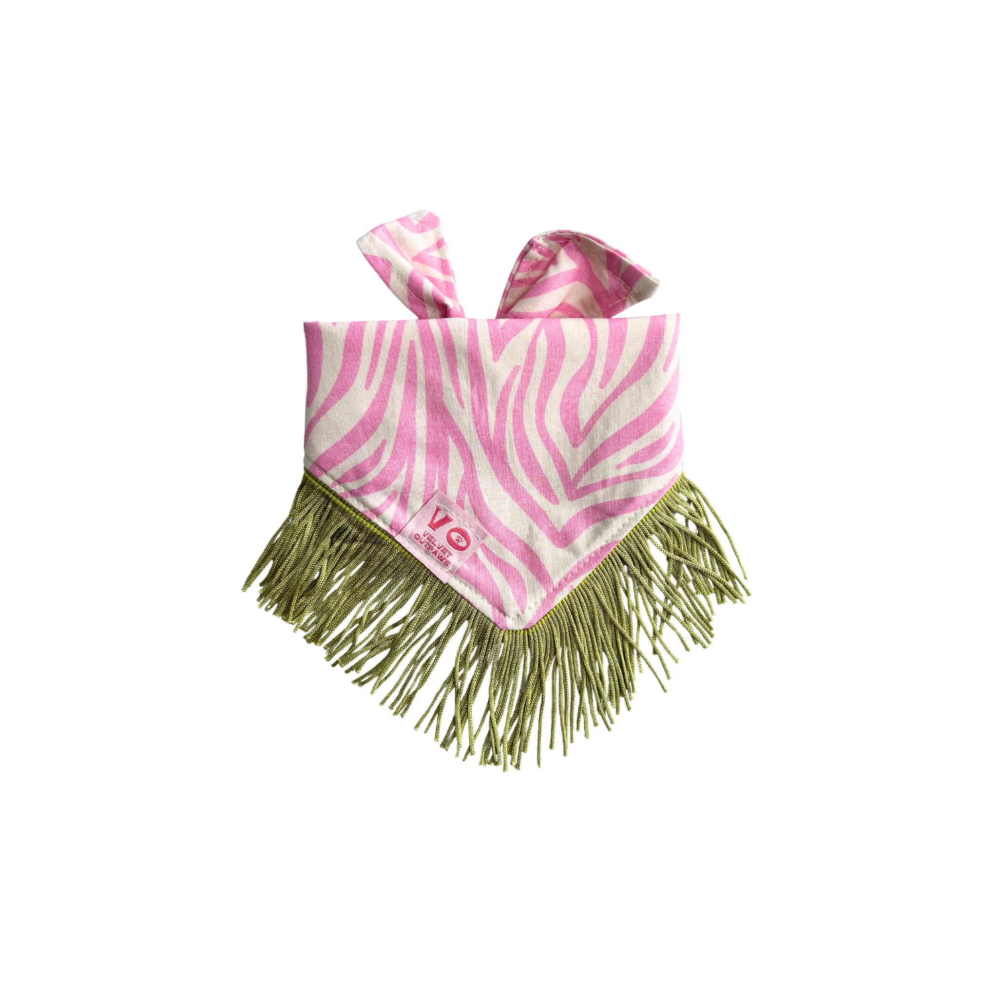 Velvet Outlaw - Wholesale Pet Bandana - Dog - Pink Zebra Stripe with Sage Green Fringe Pet Bandana0