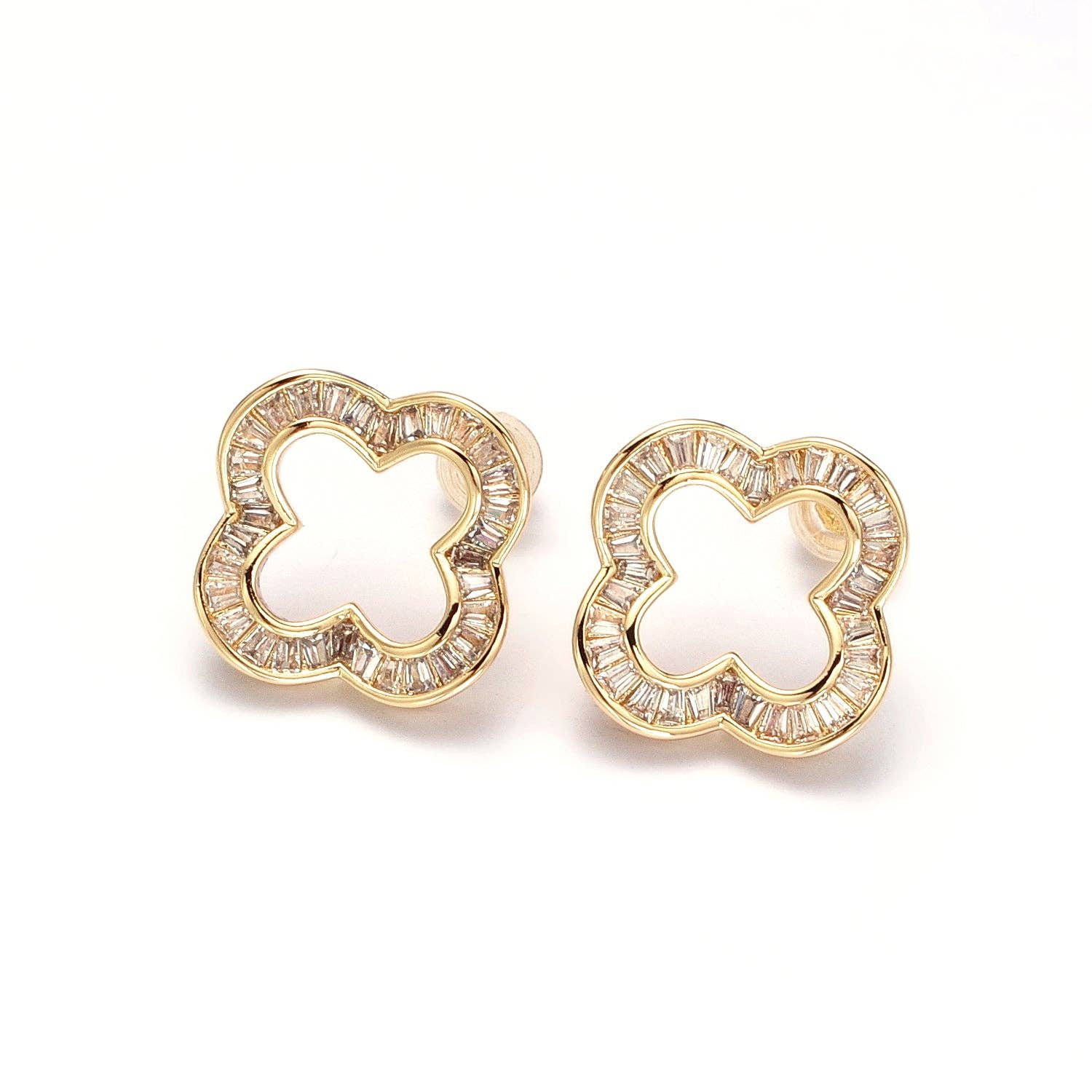 Simply Jewels - Wholesale Stud/Post Earrings - Clear Baguette Open Quatrefoil Clover Stud Earrings EA-21AB358 EA-21AB3591