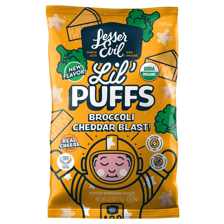 LesserEvil - Wholesale Puffed Snack - Lil' Puffs Broccoli Cheddar Blast, 2.5oz