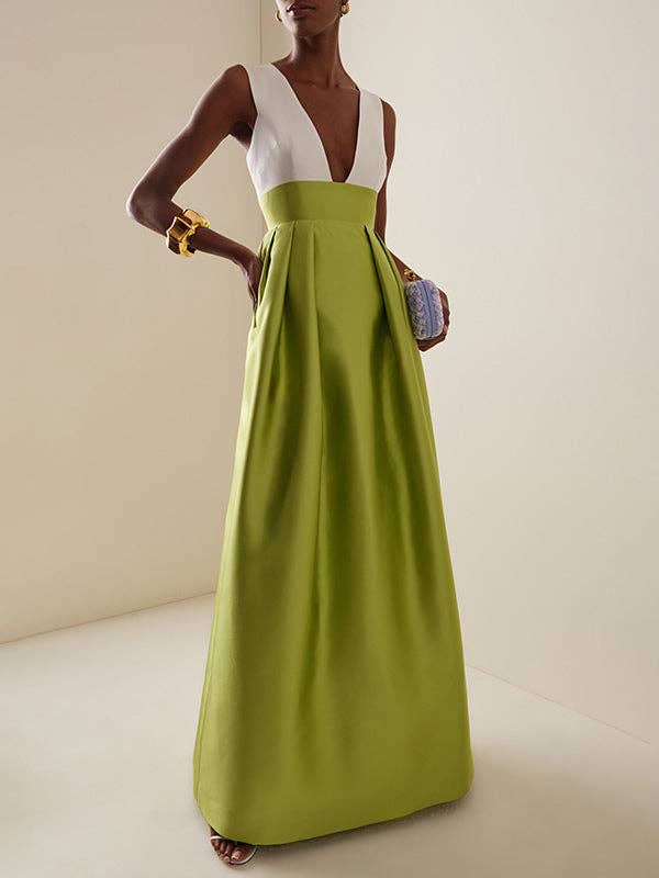 WHITE GREEN ​A-Line High Waist Pleated V-Neck Maxi Dress for wholesale on Faire