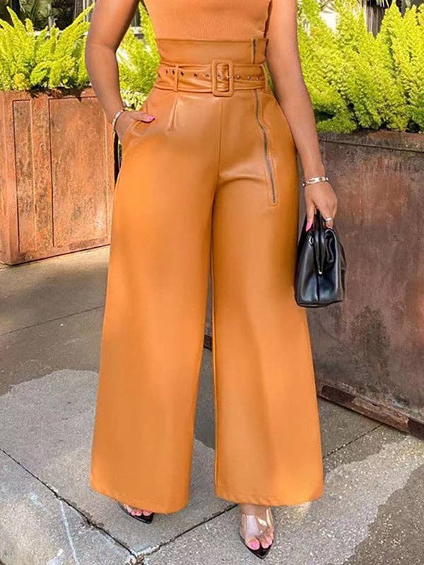 VividLux - Wholesale Pants - Women's - High Waisted Wide Leg Belted Solid Color Zipper Pants Trousers