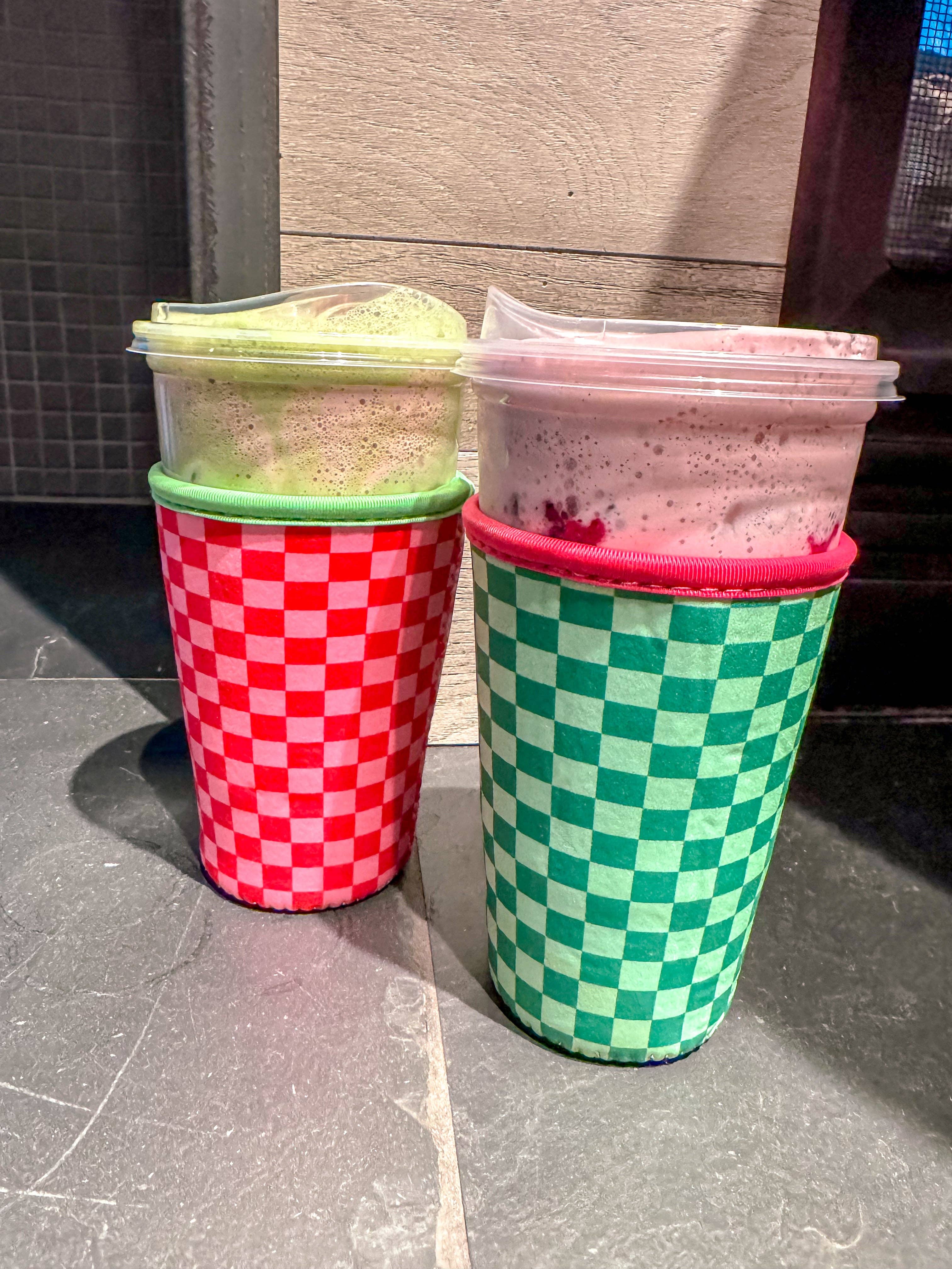 Enchantment Creative, LLC - Wholesale Drink Huggers & Koozies - Pink/Green Checked Drink Sleeve1